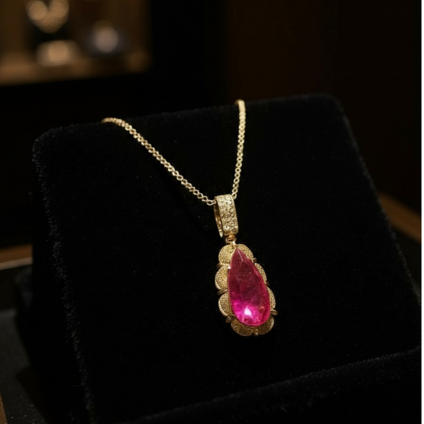 Ruby Oval Pendant (big) with diamonds loop and gold chain