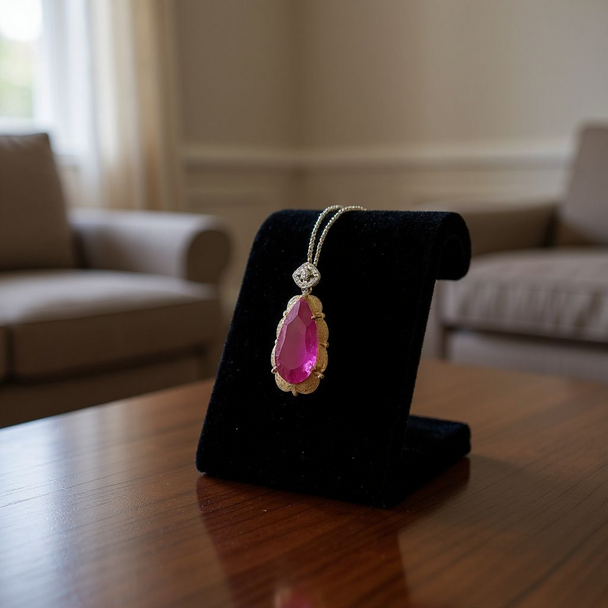 Ruby Oval Pendant (big) with diamonds loop and gold chain