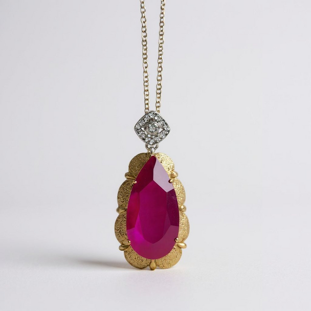 Ruby Oval Pendant (big) with diamonds loop and gold chain