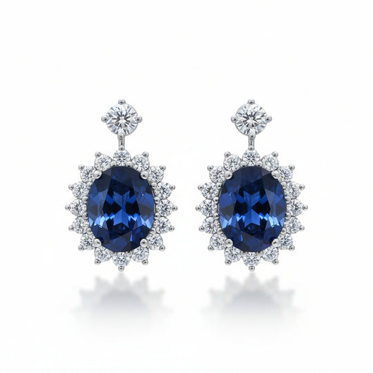 Mogok Royal Blue - Sapphire Halo Drop Earrings