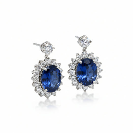 Mogok Royal Blue - Sapphire Halo Drop Earrings