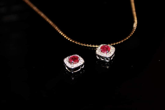 Elegant Ruby Diamond Pendant by JewelCreationsNY showcasing a sparkling red ruby surrounded by diamonds on a delicate chain.