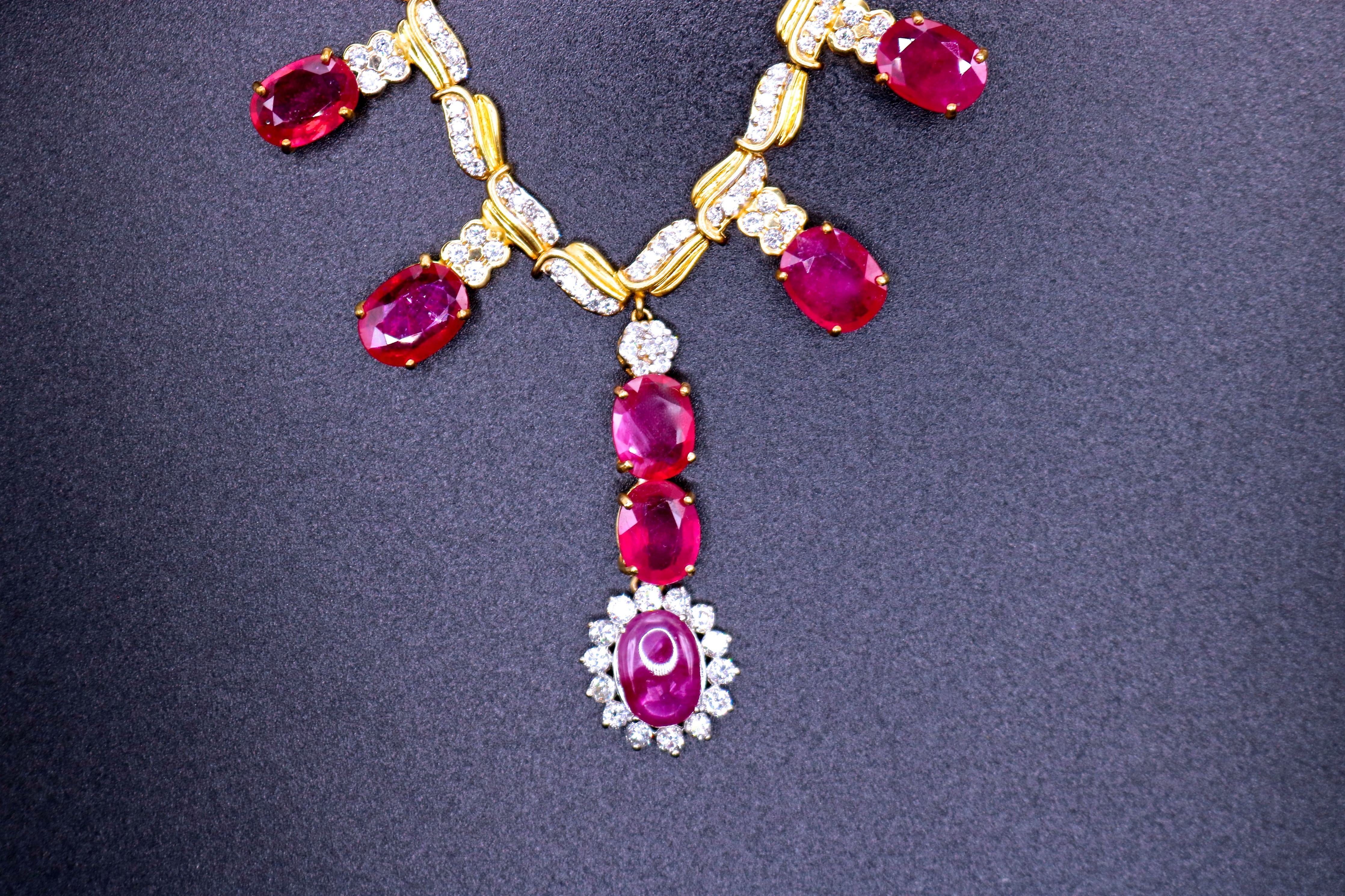 Close-up of a Ruby and Diamond Necklace by JewelCreationsNY showcasing vibrant rubies and sparkling diamonds on a delicate chain.
